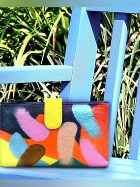 Anuschka cross body large wallet smartphone bag purse Painterly Palette pattern